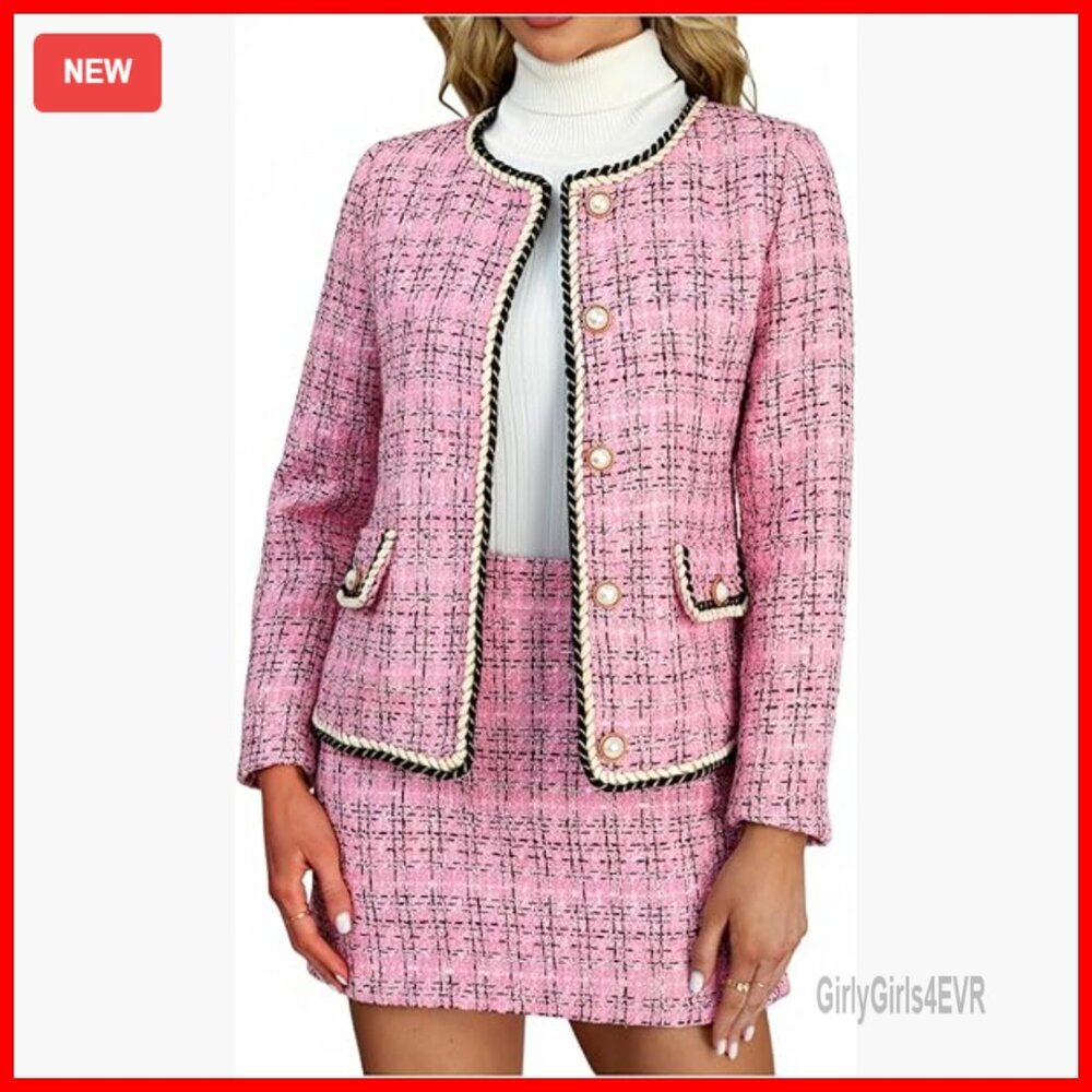 Plaid Tweed Jacket and Mini Skirt Set, Long Sleeve Button Front